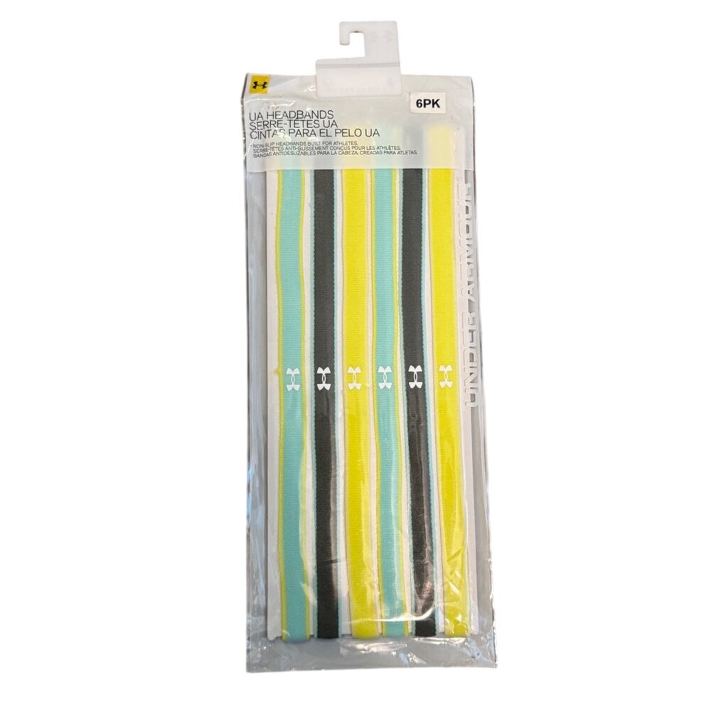 Under Armour Headbands 6 Pack Multi Non-Slip Yellow/Blue/Gray Stretchy Striped